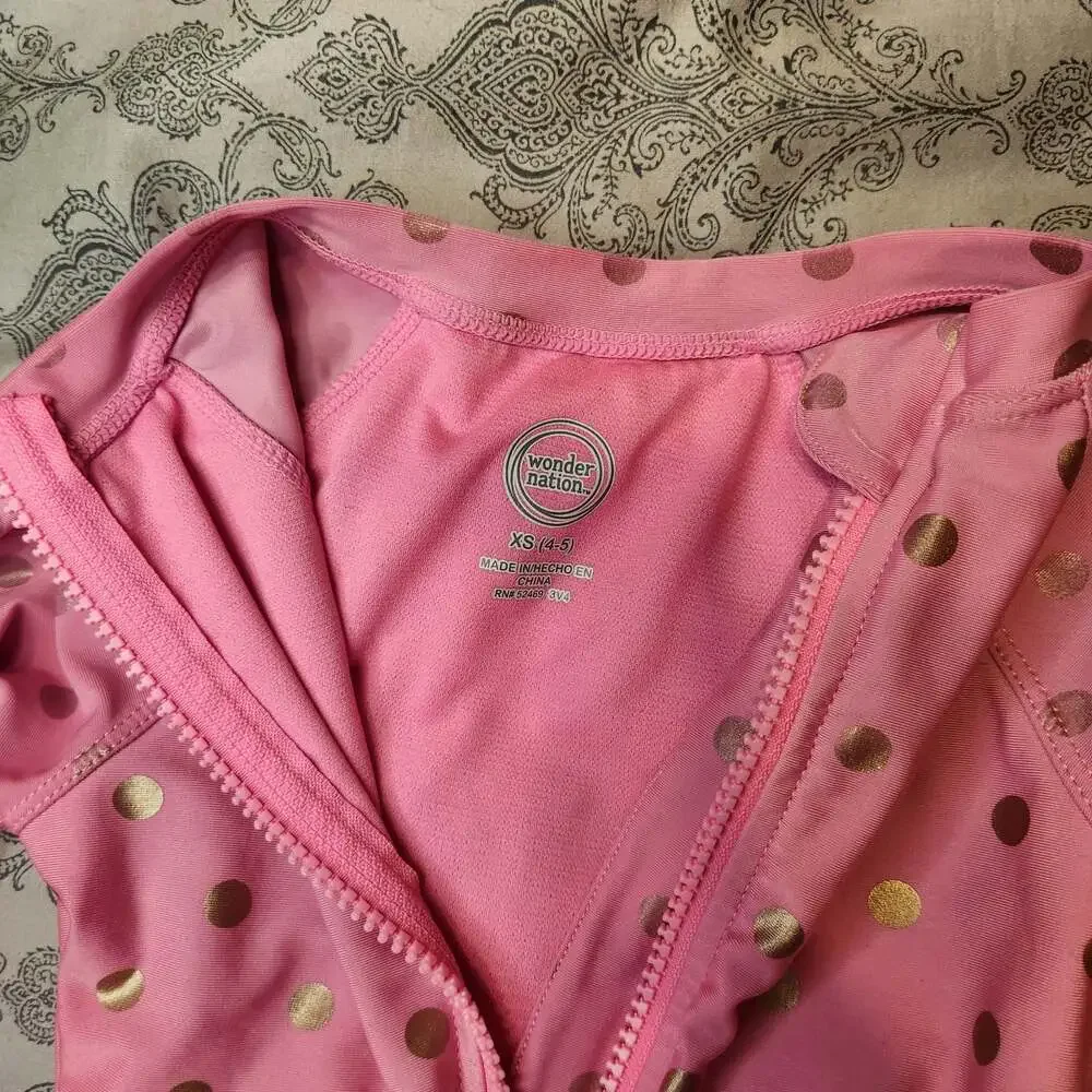 Girls Pink Gold Polka Dot Long Sleeve Zip-Up Rash Guard Swimsuit Size XS